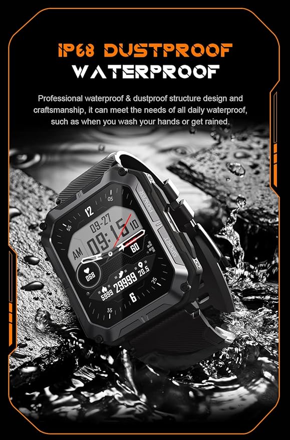 Gravity C20 Pro 1.83" Rugged Smartwatch, IP68 Waterproof, Bluetooth Call, AI Voice, 100+ Sports Modes, Heart Rate & Sleep Monitoring, Shockproof, Fitness Tracker for iOS & Android (Orange)