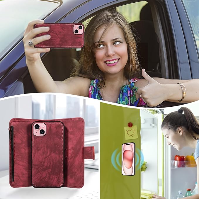 Asuwish Phone Case for iPhone 15 6.1 inch Zipper Wallet Magnetic Cell Cover with Tempered Glass Screen Protector Crossbody Strap Flip Credit Card Holder iPhone15 5G i i-Phone i15 15Case Women Red