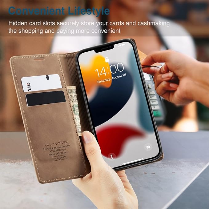 QLTYPRI Case for iPhone 14, Vintage PU Leather Wallet Case Card Slot Kickstand Magnetic Closure Shockproof Flip Folio Book Case Cover for iPhone 14(6.1 inch) - Brown