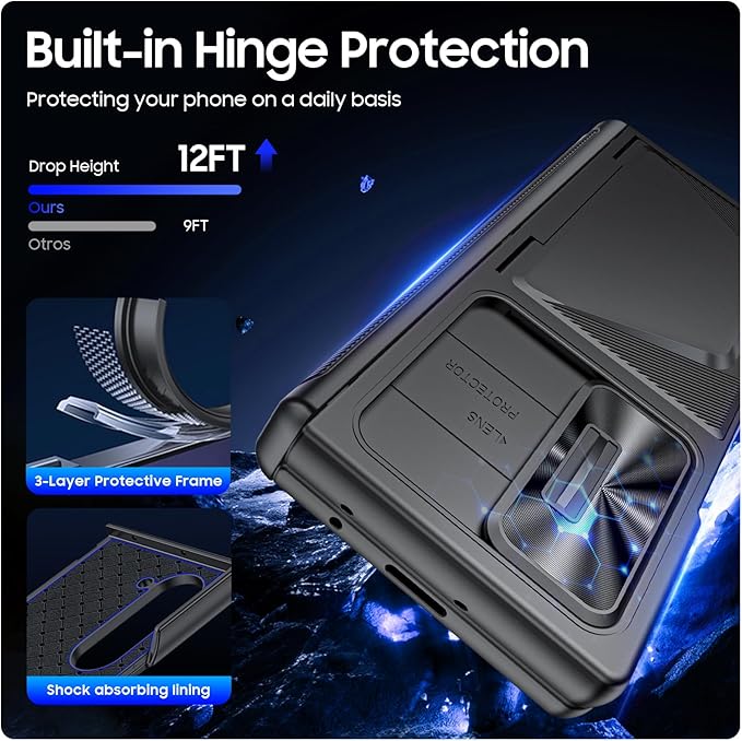 for Samsung Galaxy Z Fold 6 Case with Card Holder, Built in RFID Blocking & Slide Camera Cover & Hinge Protection & Full-Body Rugged Shockproof Wallet Case for Galaxy Z fold 6, Black