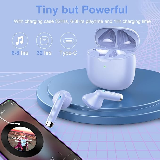 Wireless Earbuds, Bluetooth 5.4 Earbuds Stereo Bass, Bluetooth Headphones in Ear Noise Cancelling Mic, Earphones IP7 Waterproof Sports, 32H Playtime USB C Charging Case Purple Ear Buds for Android iOS