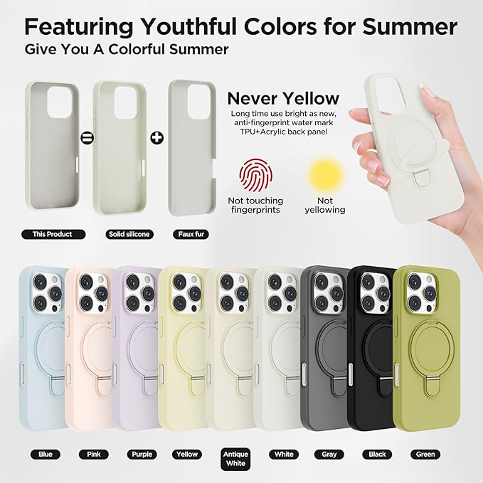 Magnetic Stand for iPhone16 Pro Case with Kickstand 【Lab-Certified Protection】【Not Yellowing】【Anti-Fingerprint】 Durable, Enhanced Grip, Slim,White,iPhone 16 Pro 6.3"