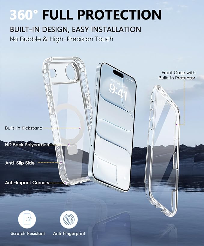 Compatible with iPhone Air Case, Built-in Screen Protector & Seamless Stand, with Camera Lens Protector, Strong Magnetic Clear Phone Case, Full Body Protective Cover for 6.5" (Clear)