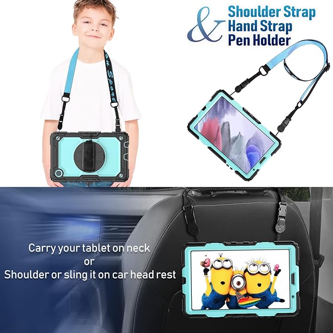 Timecity Case for Samsung Galaxy Tab A7 Lite Case 8.7 inch 2021 (SM-T220/T225/T227), Durable Sturdy Protection Case with Screen Protector 360° Rotating Stand Handle Shoulder Strap - Light Blue