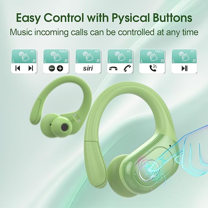 Wireless Earbuds 75hrs Bluetooth 5.4 Headphone Sport, 2025 Bluetooth Earbuds Stereo Deep Bass Over Ear Bud with Earhooks, ENC Noise Cancelling Mic, IPX7 Waterproof Earphone, Green