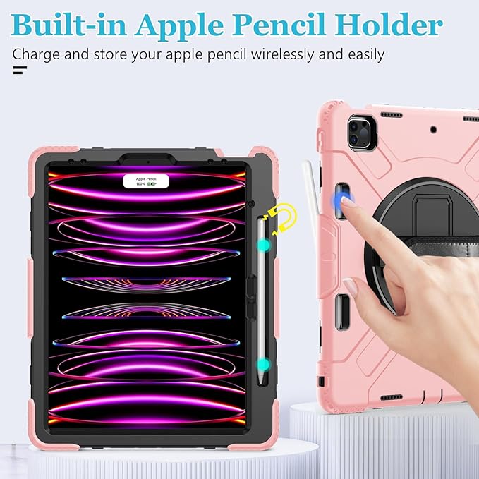 Case for iPad Pro 12.9 2022/2021/ 2020/2018: Cover for iPad Pro 12.9 6th/ 5th/ 4th/ 3rd Generation with Screen Protector- Stand- Pencil Holder- Handle- Shoulder Strap Pink