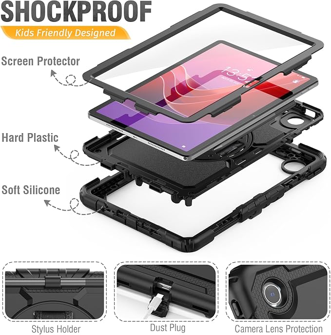 HXCASEAC Case for Lenovo Tab M11/K11 LTE 11’’ with Screen Protector/Pen Holder/Rotating Hand Strap/Stand, Protective M11 Tablet Case (TB-330FU/TB-330XU) Cover 2024, Black