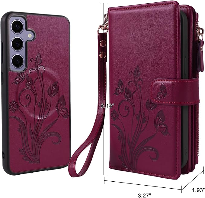 Lacass for Samsung Galaxy S24 Case Wallet,Compatible with MagSafe 2 in 1 Magnetic Detachable PU Leather RFID Blocking Wallet Cover Card Holder Zipper Wrist Strap Lanyard,Floral Wine Red