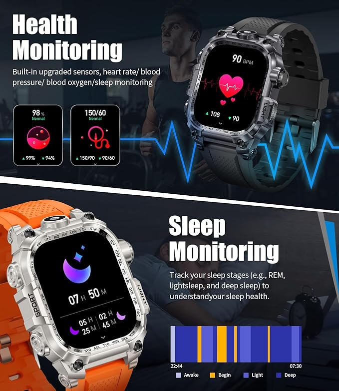 LIGE Military Smart Watch for Men, 2.01" LED Flashlight Rugged Smartwatch, 100+ Sports Fitness Tracker Watch, 700mAh Long Battery/Sleep/IP68 Waterproof Smart Watch for Android iPhone Compatible