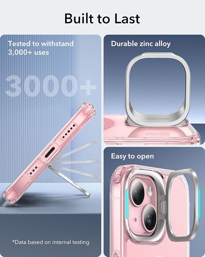 ESR for iPhone 15 Case, Compatible with, Military-Grade Protective Case, Built-in Stash Stand Phone Case, Scratch-Resistant Back Cover, Classic Series, Clear Pink