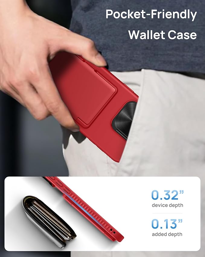 Kickstand Designed for iPhone 16 Pro Max Case with Card Holder & Camera Cover Stand, Military Grade Protection Adjustable Stand Wallet Phone Case for iPhone 16 Pro Max 6.9", Red