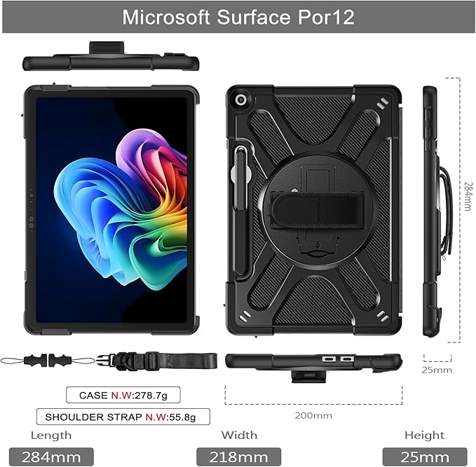 ZenRich Rugged Case for Microsoft Surface Pro 12 (2025) – Heavy Duty Shockproof Protective Case with 360° Rotating Kickstand, Hand & Shoulder Strap, Business Friendly, Type Cover Keyboard Compatible