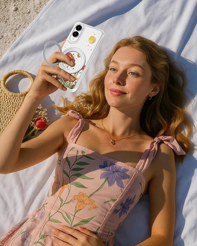 for Samsung Galaxy S25 Edge Case with 360° Rotatable Magnetic Ring - Compatible with MagSafe, Semi-Transparent Soft-Touch Material Shockproof, Cute Mushroom & Butterfly Design for Women Girl