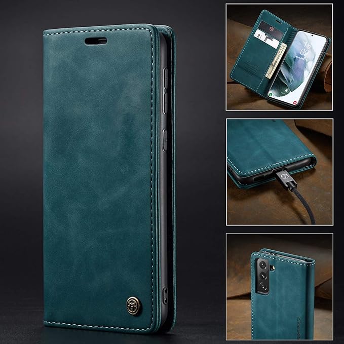 for Samsung Galaxy S21 Case, Flip Wallet Leather Case with Card Holder Magnetic Closure Shockproof Kickstand Protective Phone Cases Cover for Samsung S21,Blue-Green
