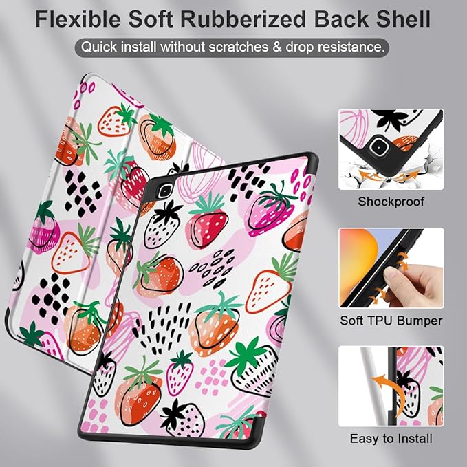DONGKE Case for Samsung Galaxy Tab S6 Lite 10.4 Inch 2024/2022/2020, Trifold Stand + S Pen Holder + Auto Wake/Sleep + Soft TPU Protective Stand Back Cover, Strawberry