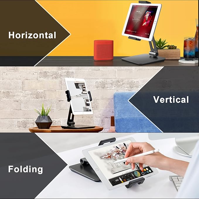 Tablet Stand Adjustable & Foldable, 360° Swivel Heavy Aluminum Tablet Holder for Desk, Compatible with iPad Pro/Air/Mini, Galaxy Tab, Surface Pro, Kindle Fire (7-13") (Dark Gray)