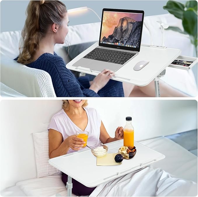 Laptop Lap Desk with Cooling Fan - Adjustable with Light, USB, Storage Drawer - Folding Bed Desk,23.62"*15.74",White