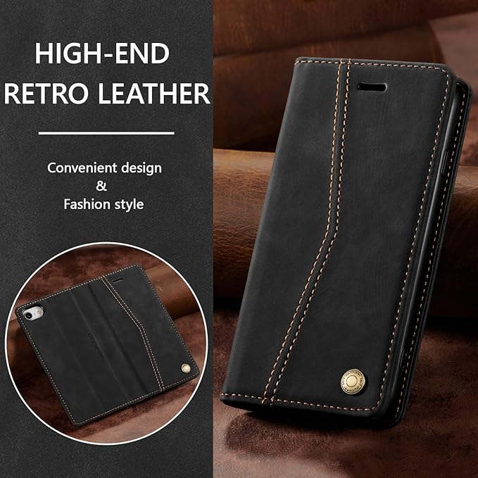 QLTYPRI Case for iPhone 16e, Vintage PU Leather Wallet Case Card Slot Kickstand Magnetic Closure Shockproof Flip Folio Cover for iPhone 16e - Retro Black