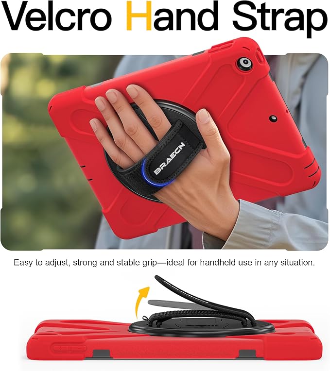 BRAECN for iPad 9th Generation Case, iPad 10.2 Case with Built in Screen Protector, Hand Strap, Swiveling Stand, Shoulder Straps, Heavy Duty Rugged Case for iPad 8th/7th Gen 10.2 Inch-Red