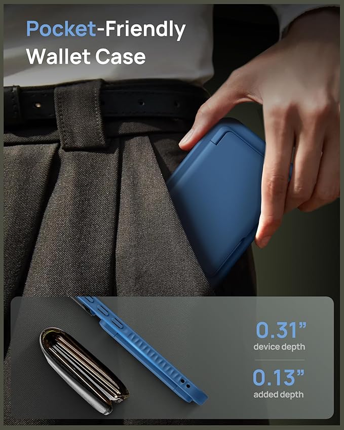 for iPhone 16e Case with Card Holder, Built-in Stand & Camera Lens Cover, Shockproof Rugged Silicone Raised Edge Protective Multifunctional Wallet Phone Case for iPhone 16e 6.1" 2025, Blue