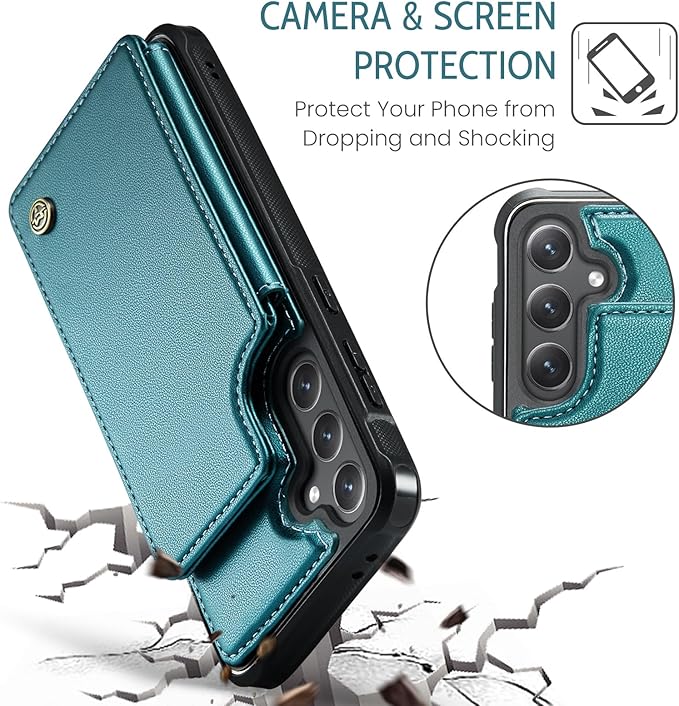 Vinich for Samsung Galaxy S24 FE Wallet Case with Card Holder, RFID Blocking Credit Slots Kickstand Shockproof Phone Cover for Women Men, Bluish Green