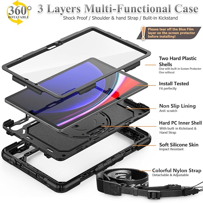 SEYMAC stock Case for Samsung Galaxy Tab S10 Lite / S10 FE / S9 FE 5G / S9 Tablet Case 10.9''/ 11'' Protective with Screen Protector, Pen Holder, 360 Rotate Stand, Hand Strap, Shoulder Strap, Black1