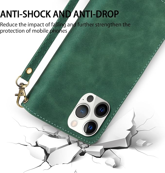 ZZXX for iPhone 12 Pro Max Wallet Case with Card Slot Premium Soft PU Leather Zipper Flip Folio Wallet with Wrist Strap Kickstand Protective for iPhone 12 Pro Max Case Wallet(Green 6.7 inch)