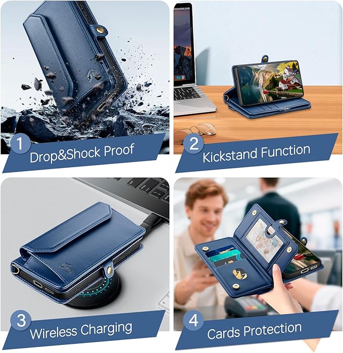 DJBull for Samsung Galaxy S25 Wallet Case with Card Holder, Shoulder and Wristlet Straps, Soft PU Leather, Magnetic Snap, Flip Phone Case for Women Men for Samsung S25 Blue