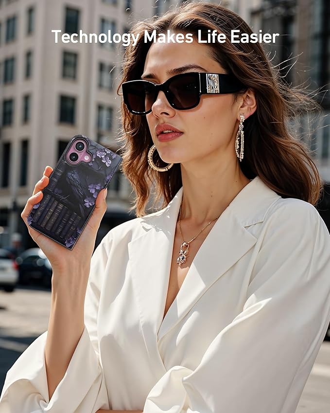 DEENAKIN for iPhone 16 Plus Wallet Case with Card Holder + Cash Clip, RFID-Blocking, Military-Grade Drop Protection, Magnetic Closure with Leather Kickstand - Purple Floral & Raven