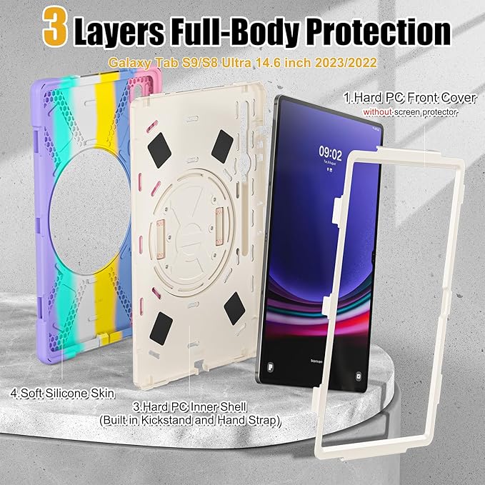 BRAECNstock Kids Case for Samsung Galaxy Tab S10 Ultra/S9 Ultra/S8 Ultra 14.6" 2024/2023/2022 Shockporoof Samsung Tablet 14.6 inch Case with Pen Holder Rotating Hand Strap & Stand - Colorful Pink