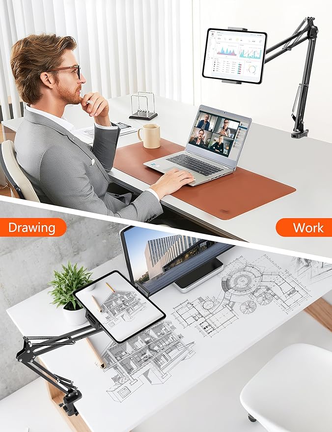 Tablet Holder for Desk, iPad Stand Phone Holder for Desk, Overhead Tablet Desk Mount for Bed with 360° Rotation, Compatible with iPhone iPad Kindle 4.7-13" Devices