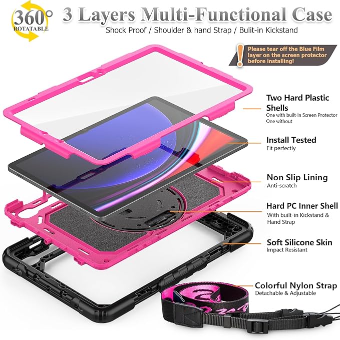 SEYMAC stock Case for Samsung Galaxy Tab S10 Lite / S10 FE / S9 FE 5G / S9 Tablet Case 10.9''/ 11'' Protective with Screen Protector, Pen Holder, 360 Rotate Stand, Hand Strap, Shoulder Strap, Pink1