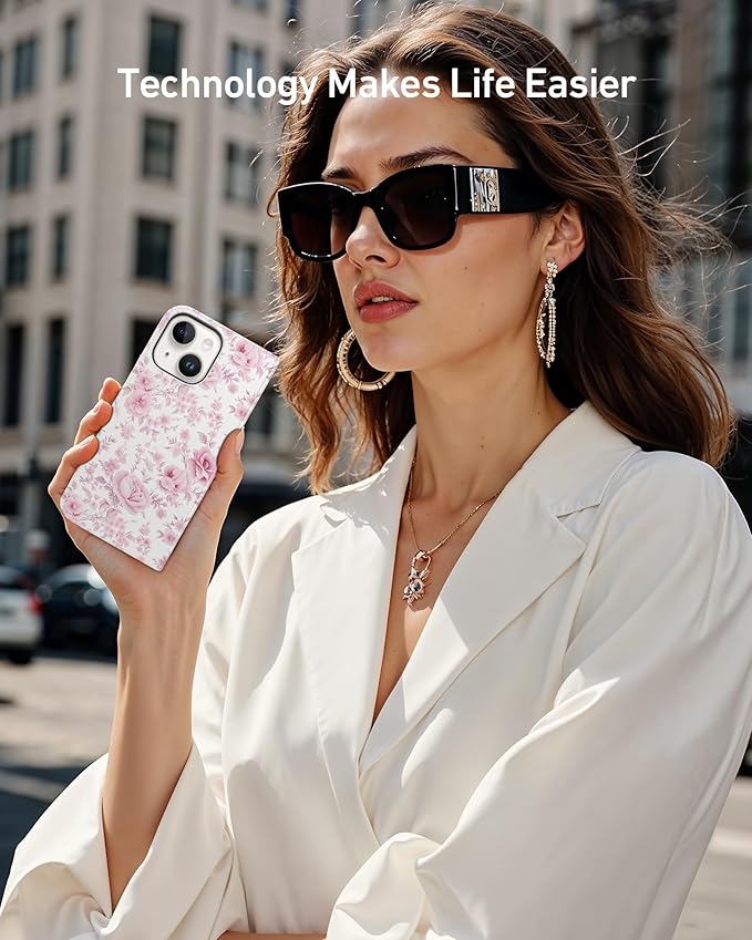 DEENAKIN for iPhone 15 Wallet Case with Card Holder + Cash Clip, RFID-Blocking, Military-Grade Drop Protection, Magnetic Closure with Leather Kickstand - Blooming Pink Roses