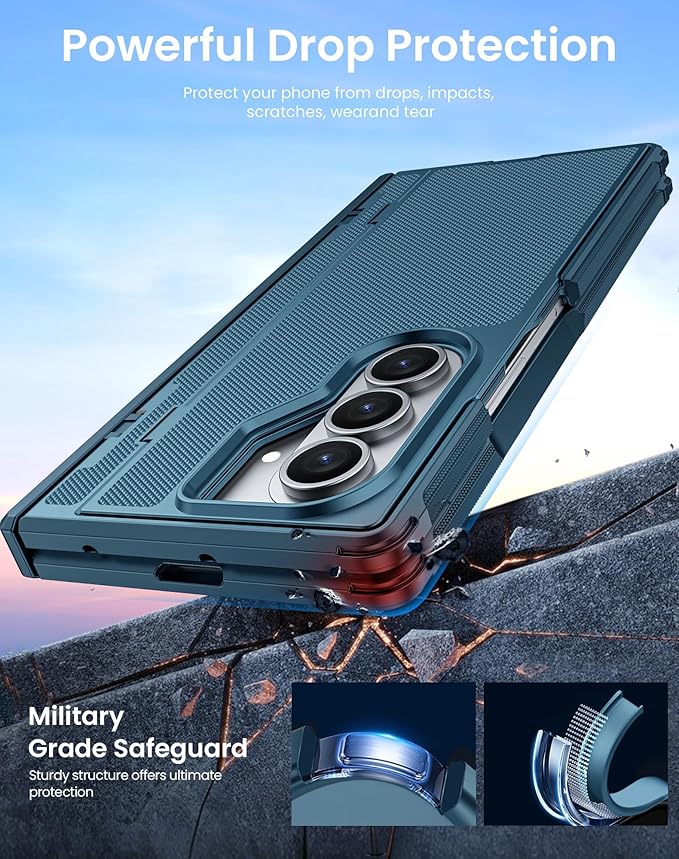 for Galaxy Z Fold 7 Case, Built-in Hidden Kickstand & HD Screen Protector & Hinge Protection, Slim Shockproof Military Grade Drop Protective Phone Case for Samsung Z Fold 7 (Lake Blue)