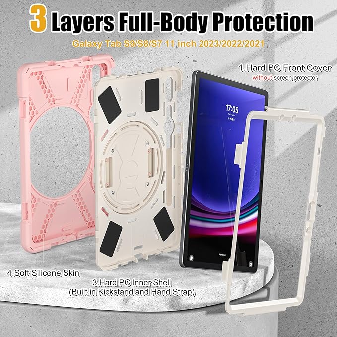 BRAECNstock for Samsung Galaxy Tab S10 Lite/ S10 FE/ S9 FE/ S9/ S8/ S7 5G Case 10.9"/11", Shockproof Protective Kids Case with Pen Holder, Rotating Hand Strap & Stand, Shoulder Strap, Sakura Pink