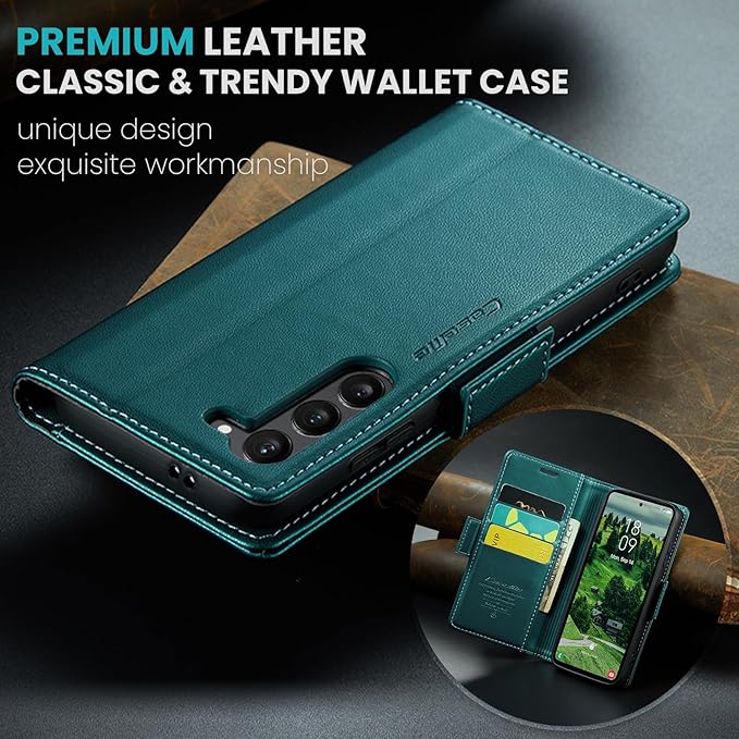 AUPAI for Samsung Galaxy S23 Wallet Case with Credit Card Holder, PU Leather RFID Blocking Folio Flip Kickstand Magnetic Clasp Protective Phone Cover for Women Men Cyan