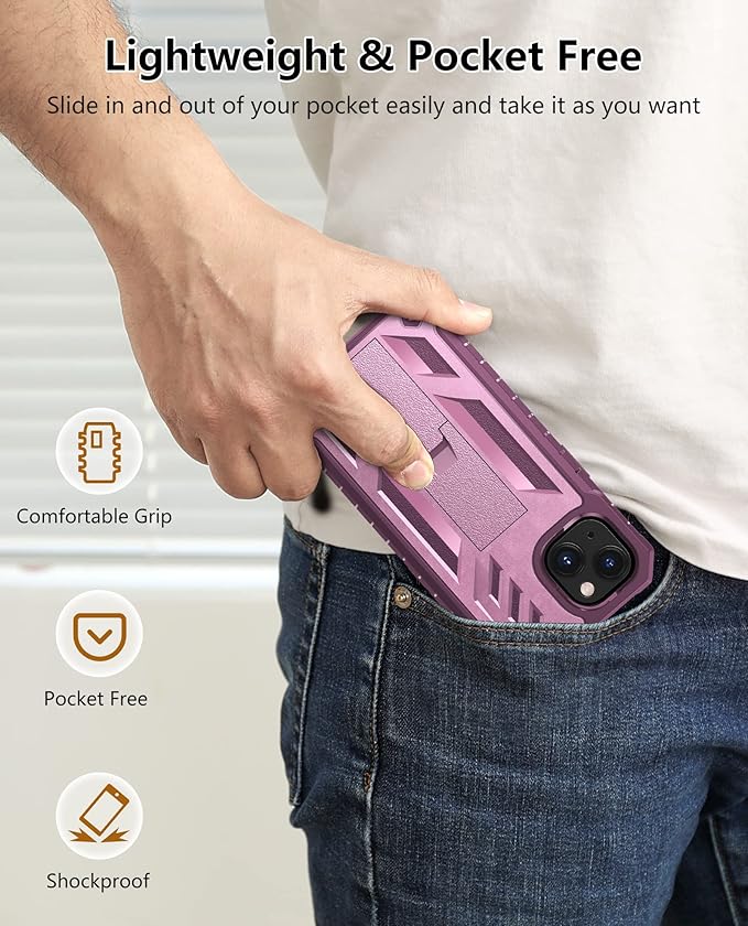 for iPhone 13/14 Protective Case: for iPhone 16e Cover with Built-in Kickstand | Heavy Duty Military Grade Hard Protection Shock Proof | Durable Dual-Layer Design Rose