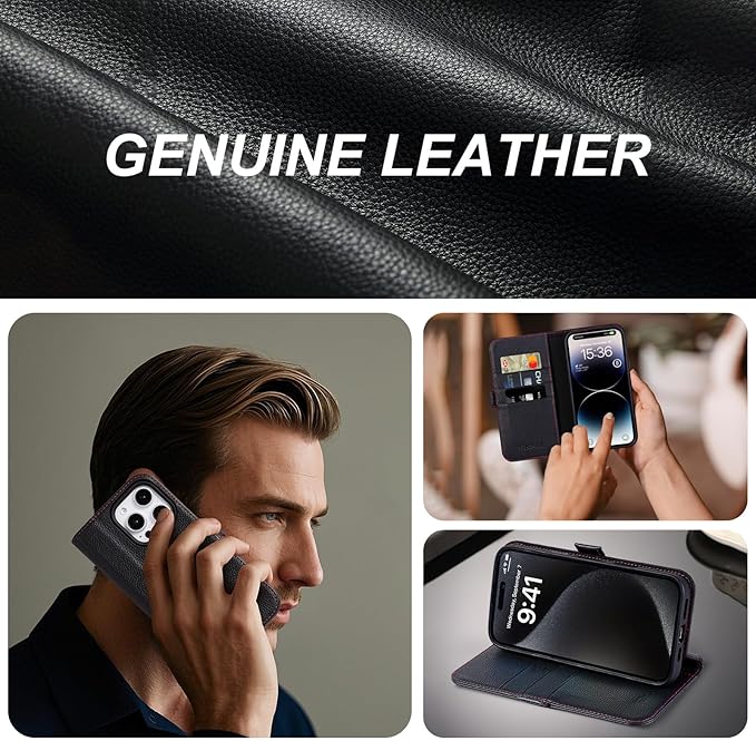 Case for iPhone 16 Pro Max 5G 2024-Genuine Leather Folio Wallet Magnetic Kickstand RFID Blocking Card Slots Shock-Absorbent Phone Cover Compatible with iPhone 16 Pro Max 6.9" (Black)
