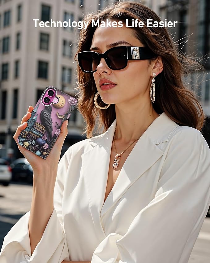 DEENAKIN for iPhone 16 Wallet Case with Card Holder + Cash Clip, RFID-Blocking, Military-Grade Drop Protection, Magnetic Closure with Leather Kickstand - Gothic Skull & Raven