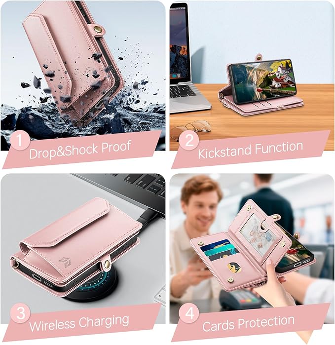 DJBull for Samsung Galaxy S25 Wallet Case with Card Holder, Shoulder and Wristlet Straps, Soft PU Leather, Magnetic Snap, Flip Phone Case for Women Men for Samsung S25 Rose Gold