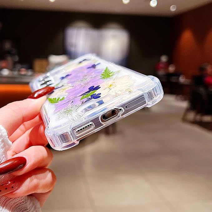 Compatible with Samsung Galaxy S25 Plus Case Cute Pressed Dried Real Flowers Women Girly Shockproof Soft TPU Floral Clear Phone Cover for Galaxy S25+(Purple Flower)