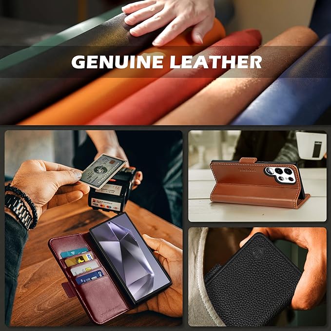 SHIELDON Wallet Case for Galaxy S25 Ultra 5G, Genuine Leather RFID Blocking Credit Card Holder Kickstand Magnetic Folio Protective Cover Compatible with Galaxy S25 Ultra 6.9" 2025 - Retro Light Brown