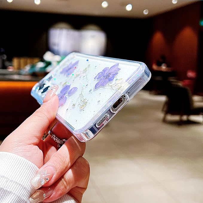 Compatible with Samsung Galaxy S25 Plus Case Cute Pressed Dried Real Flowers Design Women Girly Shockproof Hard PC+ TPU Bumper Floral Phone Cover for Galaxy S25+ Plus (Light Purple)