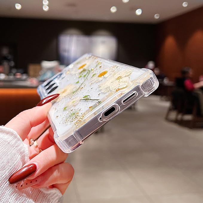 Compatible with Samsung Galaxy S25 Ultra Case Cute Pressed Dried Real Flowers Design Women Girly Shockproof Glitter Floral Clear Phone Cover for Galaxy S25 Ultra (White Flower)