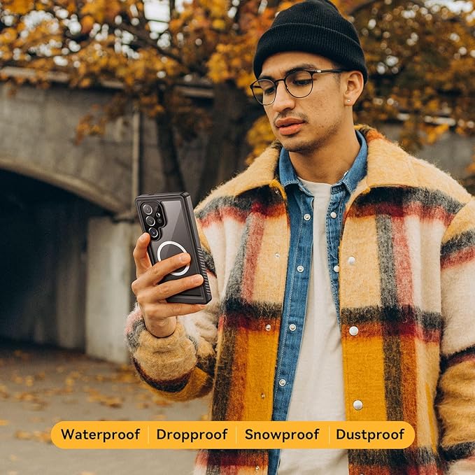 Lanhiem Magnetic for Samsung Galaxy S24 Ultra Case, IP68 Waterproof Dustproof, Built-in Screen Protector, Rugged Full Body Shockproof Cover for Galaxy S24 Ultra 5G 6.8 Inch, Black/Clear