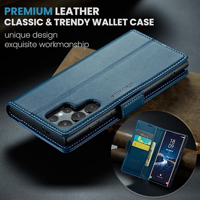 Case for Samsung Galaxy S24 Ultra Wallet Case, RFID Blocking PU Leather Flip Folio Cover Card Holder Kickstand Shockproof Phone Case Compatible with Samsung Galaxy S24 Ultra, Blue