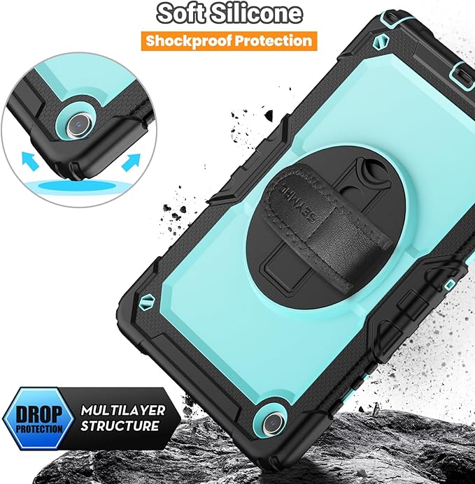 SEYMAC Case for Samsung Galaxy Tab A9+/ A9 Plus 11" (SM-X210/X216/X218), Heavy Duty Shockproof Protective Case with Screen Protector, Rotating Stand and Hand/Shoulder Strap, Light Blue