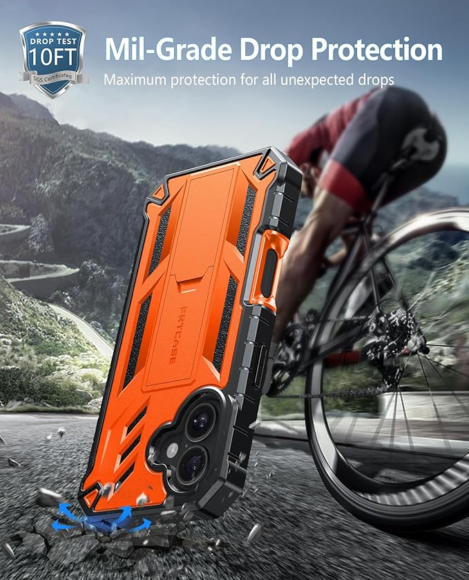 FNTCASE for iPhone 16 Phone Case: for iPhone 16 case with Kickstand Shockproof Military Grade Protective Cover - Dual Layer Full Protection Sturdy Matte Textured Drop Proof - 6.1 Inch Orange