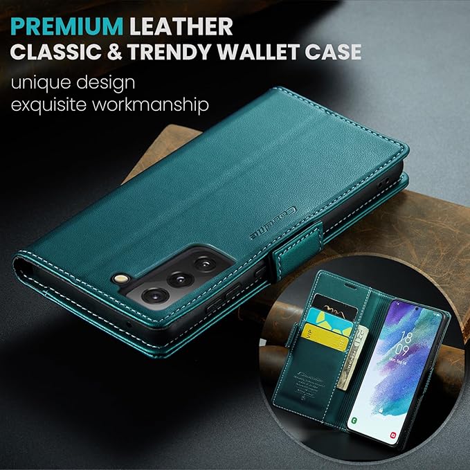 AUPAI for Samsung Galaxy S21 FE Wallet Case with Credit Card Holder, PU Leather RFID Blocking Folio Flip Kickstand Magnetic Clasp Protective Phone Cover for Women Men Cyan