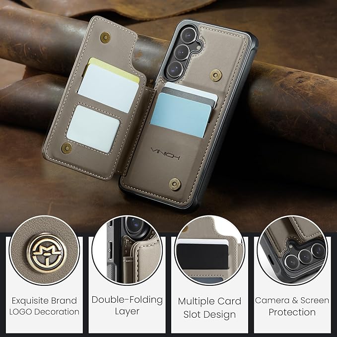 Vinich for Samsung Galaxy S24 Plus Wallet Case with Card Holder, RFID Blocking Credit Slots Kickstand Shockproof Phone Cover for Women Men, Gray